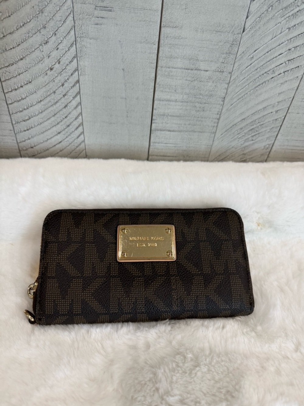Michael Kors Dark Brown MK Signature Zip Wallet with Gold Plaque